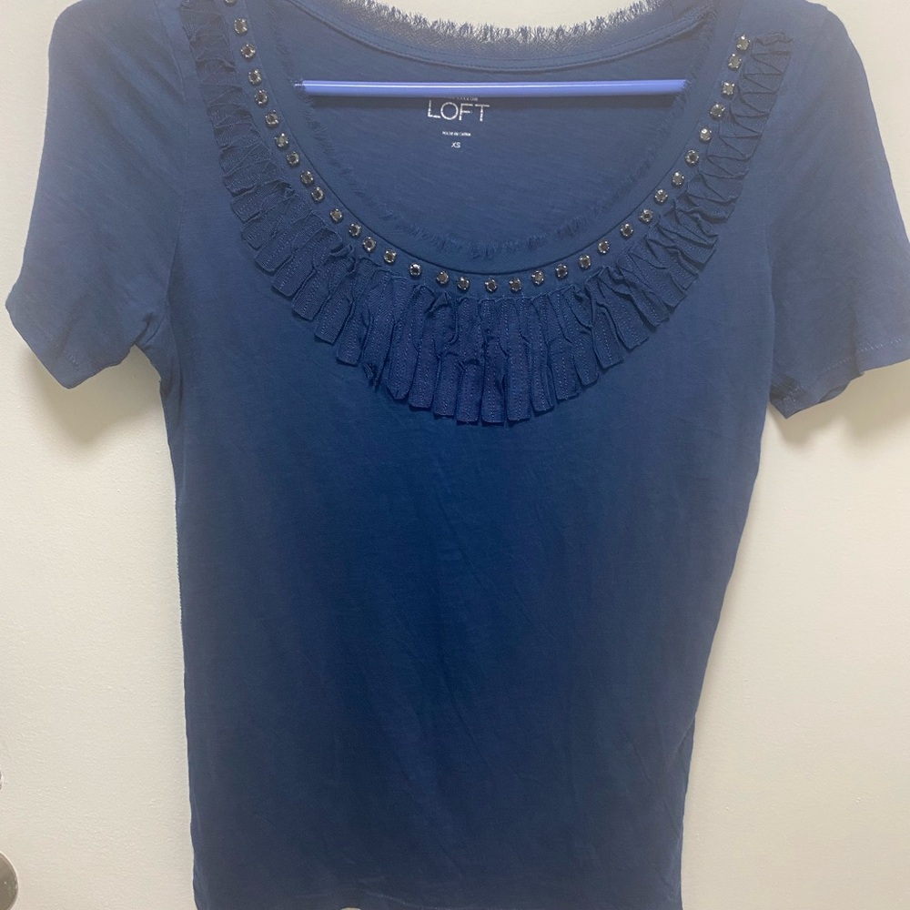 LOFT, Size XS, Navy Short Sleeve Top with Embellishments, EUC